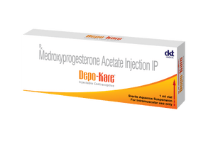 Pack of Depo-Kare Medroxyprogesterone Acetate Injection IP by DKT India, injectable contraceptive 1 ml vial.
